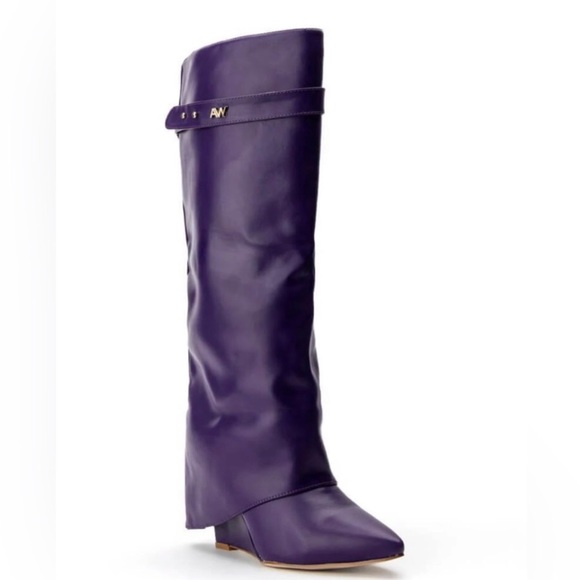 Azalea Wang Purple Vegan Leather Fold Over Wedge Boots - Picture 2 of 3